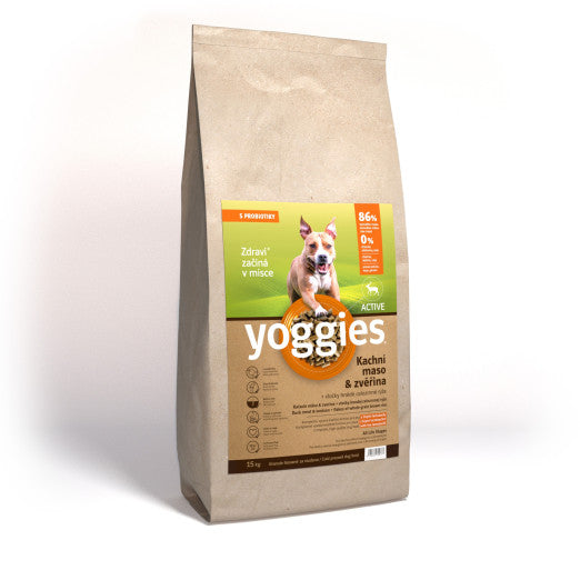 15kg Yoggies Active Kachní maso&zvěřina, granule lisované za studena s probiotiky