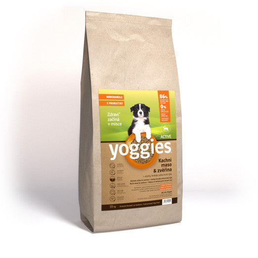 15kg Yoggies Active Kachní maso&zvěřina, minigranule lisované za studena s probiotiky