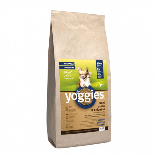 15kg Yoggies Kozí maso&zelenina, hypoalergenní minigranule lisované za studena s probiotiky