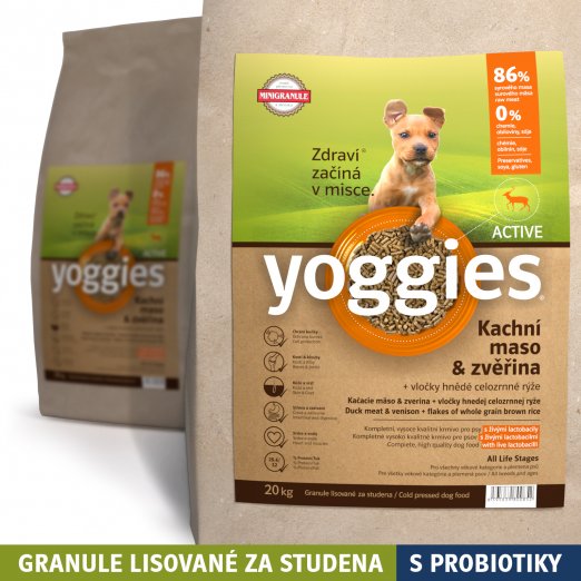 20kg, MINIGRANULE Yoggies Active, kachna a zvěřina, granule lisované za studena s probiotiky