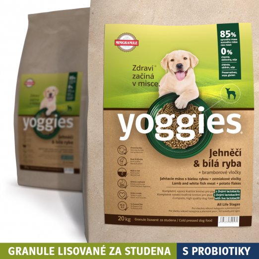 20kg, MINIGRANULE Yoggies, jehněčí a bílá ryba, granule lisované za studena s probiotiky