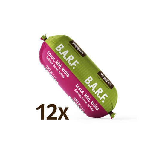 1 800 g (12x150g) Yoggies B.A.R.F. Losos, kůň, krůta s probiotiky a kloubní výživou