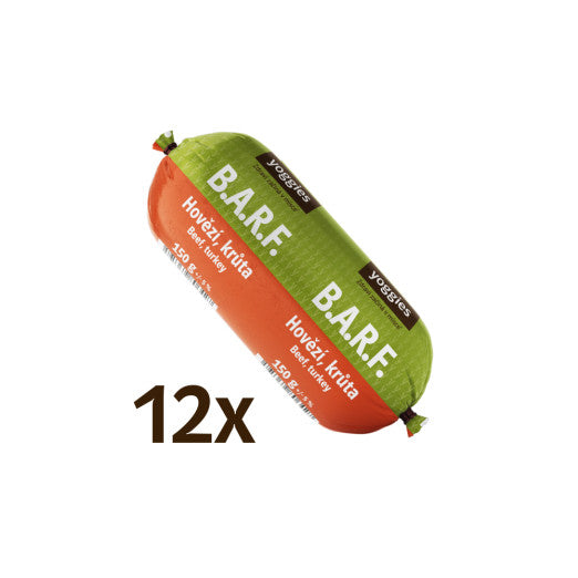 1 800 g (12x150g) Yoggies B.A.R.F. Hovězí a krůta s probiotiky a kloubní výživou