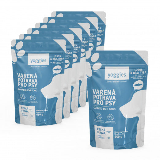 6+1 zdarma (7x 650g) Yoggies Vařená potrava pro psy – losos a bílá ryba s chia semínky a kloubní výživou