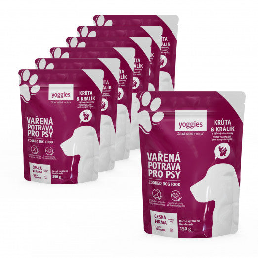 6+1 zdarma (7x150g) Yoggies Vařená potrava pro psy – krůtí a králičí maso s dýňovými semínky a kloubní výživou