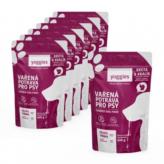 6+1 zdarma (7x 650g) Yoggies Vařená potrava pro psy – krůtí a králičí maso s dýňovými semínky a kloubní výživou
