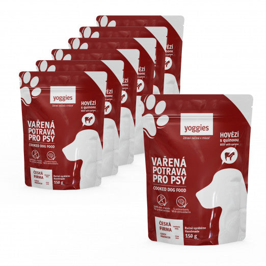6+1 zdarma (7x 150g) Yoggies Vařená potrava pro psy – hovězí maso s quinoou a kloubní výživou
