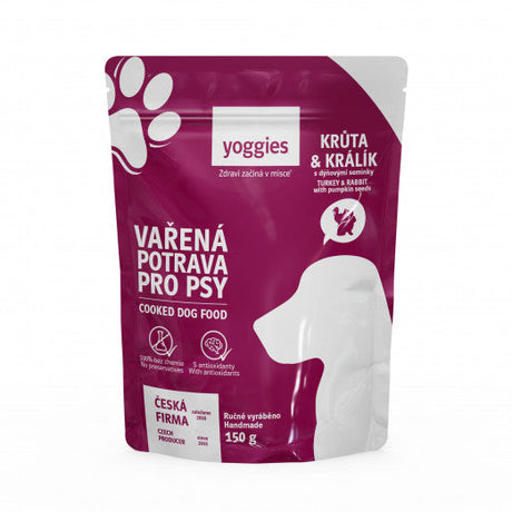 150g Yoggies Vařená potrava pro psy – krůtí a králičí maso s dýňovými semínky a kloubní výživou