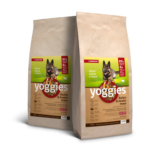 30kg Yoggies Kuřecí&hovězí maso, granule lisované za studena s probiotiky