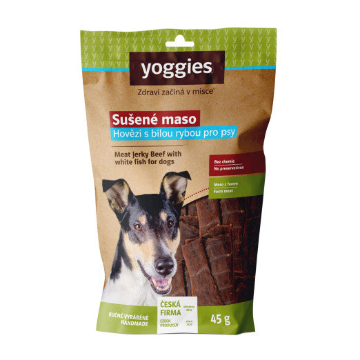 Yoggies Sušené hovězí maso s rybou pro psy (proužky) 45g