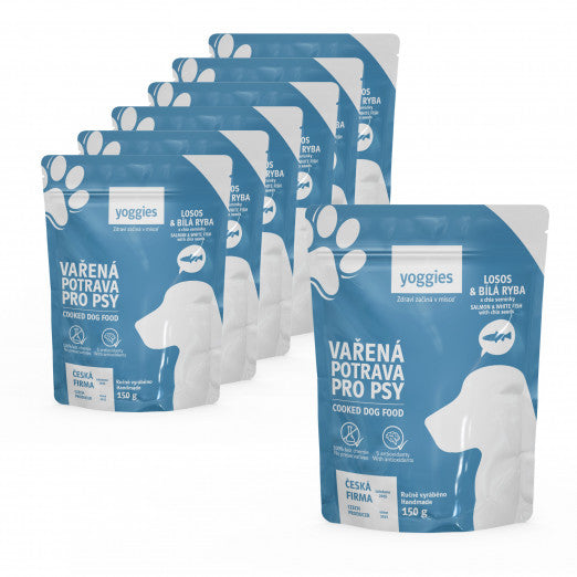 6+1 zdarma (7x 150g) Yoggies Vařená potrava pro psy – losos a bílá ryba s chia semínky a kloubní výživou