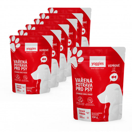 6+1 zdarma (7x 150g) Yoggies Vařená potrava pro psy – vepřové maso s rýží