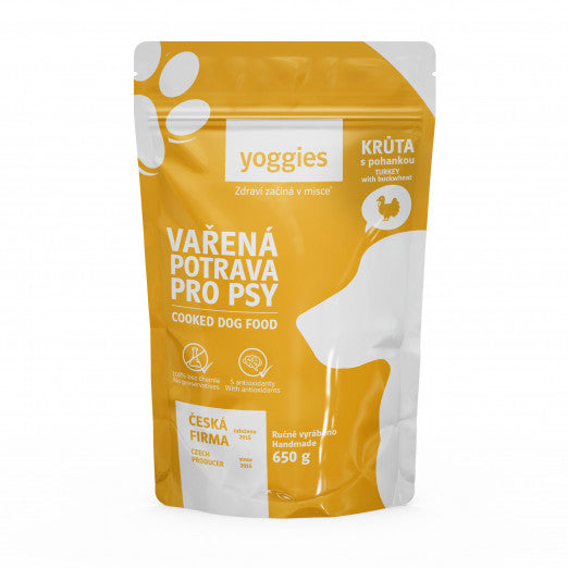 650g Yoggies Vařená potrava pro psy – krůtí maso s pohankou a kloubní výživou