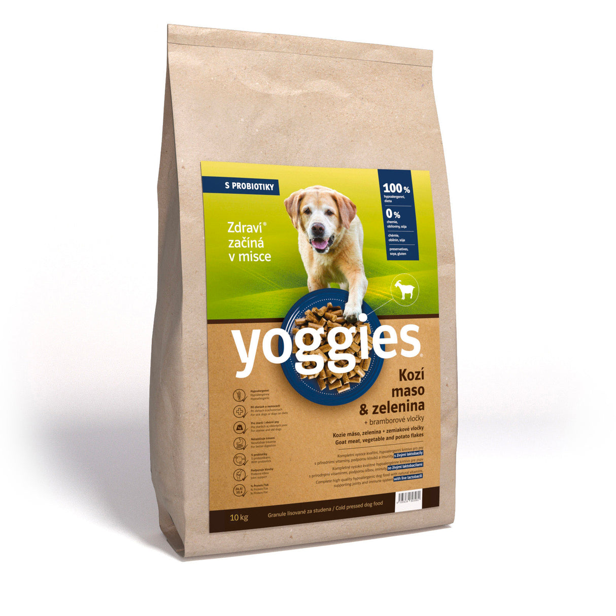 10 kg Yoggies Kozí maso & zelenina, hypoalergenní granule lisované za studena s probiotiky