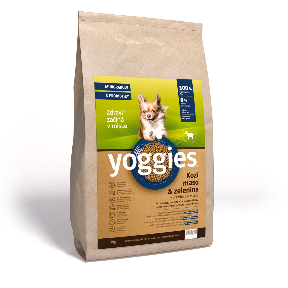 10 kg Yoggies Kozí maso & zelenina, hypoalergenní MINIgranule lisované za studena s probiotiky
