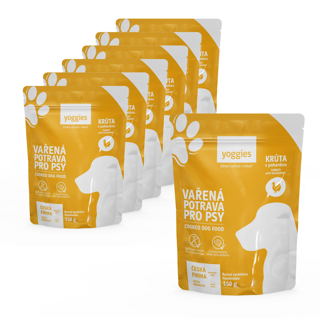 6+1 zdarma (7x150g) Yoggies Vařená potrava pro psy – krůtí maso s pohankou