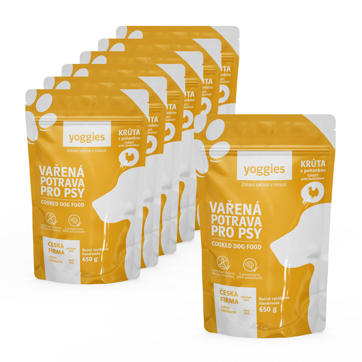 6+1 zdarma (7x 650g) Yoggies Vařená potrava pro psy – krůtí maso s pohankou