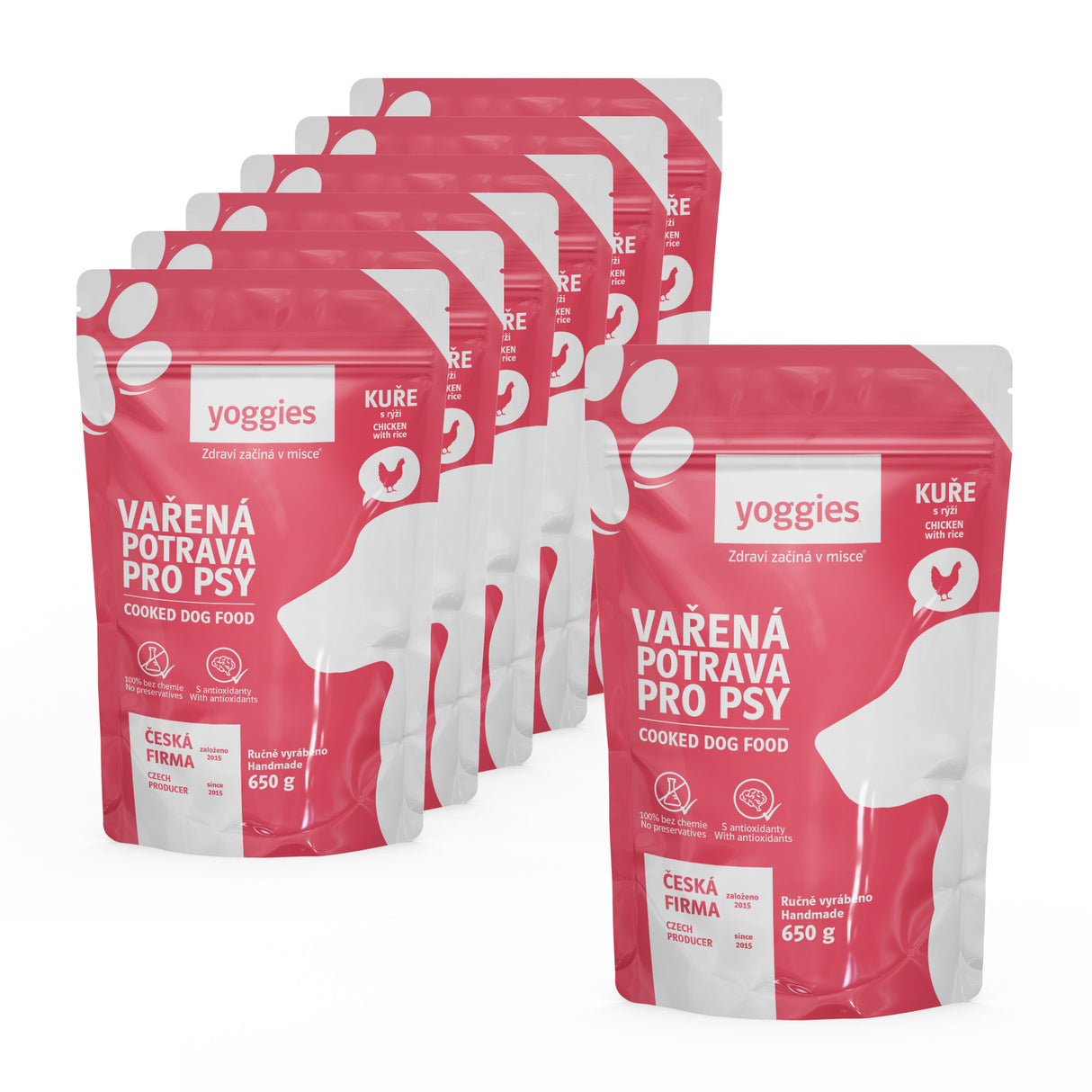 6+1 zdarma (7x650g) Yoggies Vařená potrava pro psy – kuřecí maso s rýží