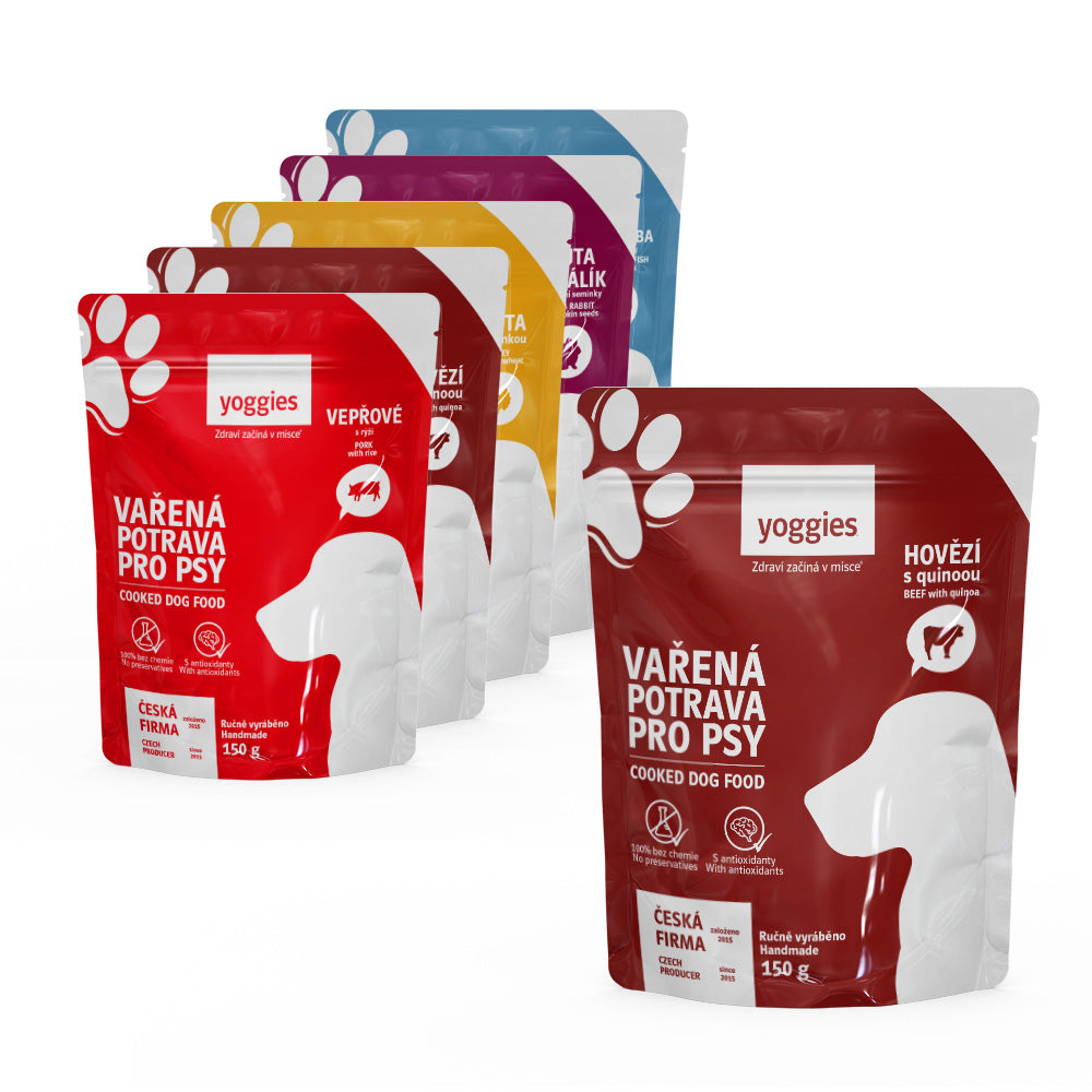 Degustační menu 5+1 zdarma (6x150g) Yoggies Vařená potrava pro psy