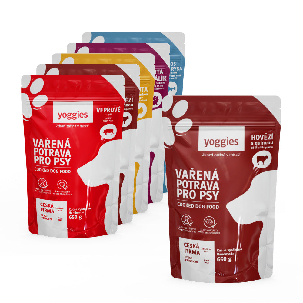 Degustační menu 5+1 zdarma (6x 650g) Yoggies Vařená potrava pro psy