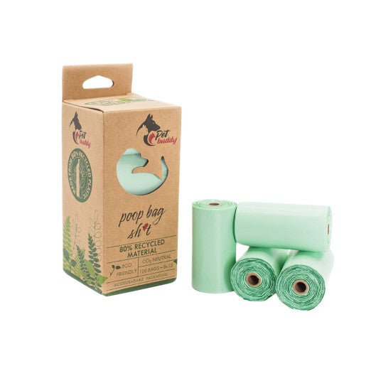 PetBuddy recyklované sáčky na psí exkrementy, 8 rolí / á 15 sáčků, zelená s potiskem