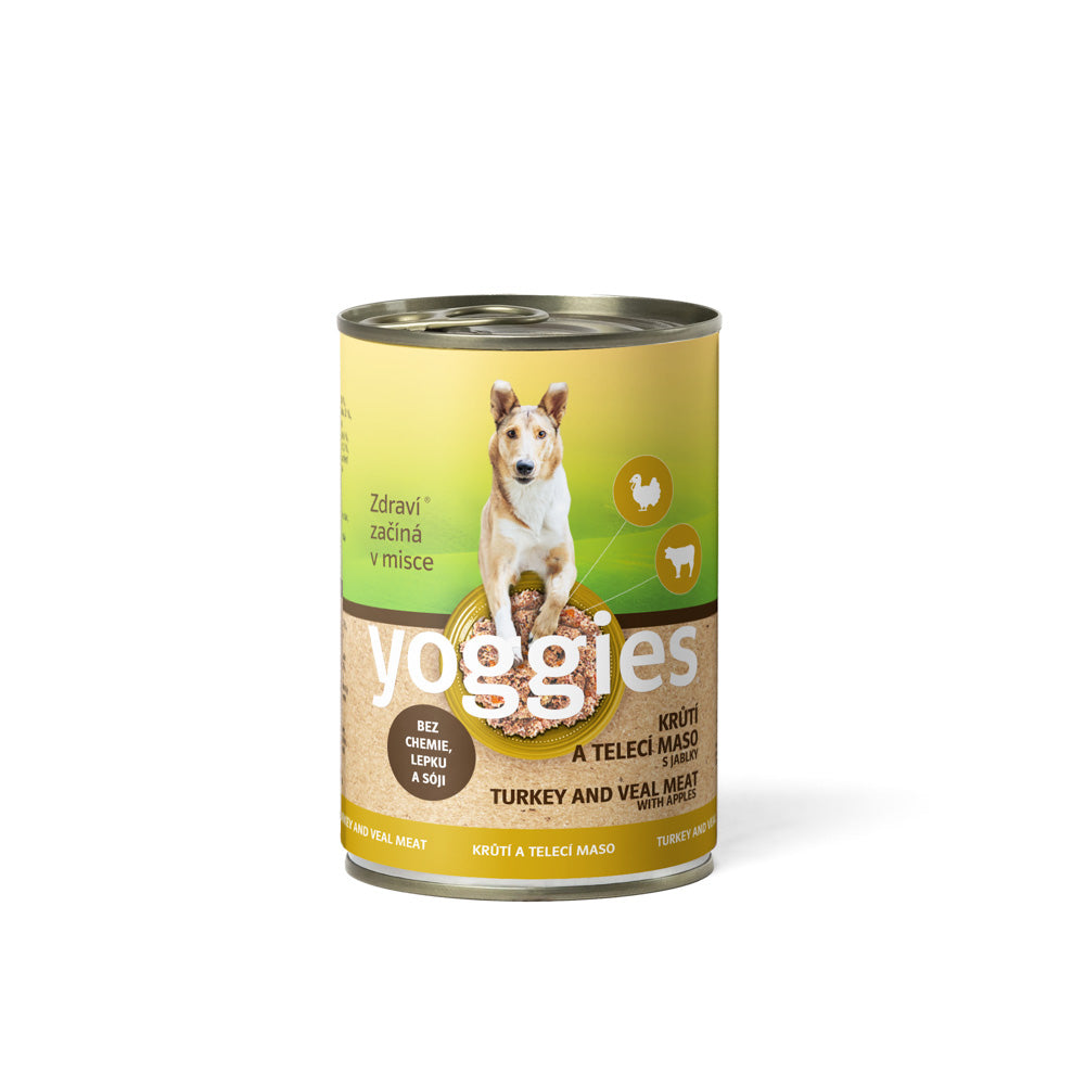 Yoggies konzerva Krůtí a telecí maso s jablky