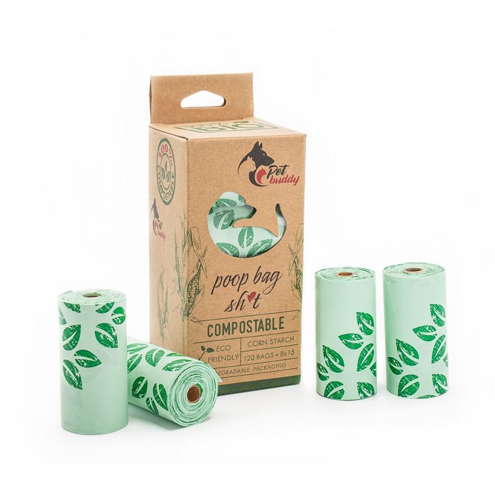 PetBuddy sáčky na psí exkrementy, kompostovatelné, 8 rolí / á 15 sáčků, zelená s potiskem