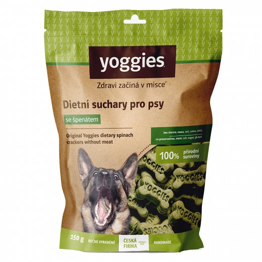 Yoggies NOVÉ dietní suchary pro psy bez masa a lepku se špenátem 150g