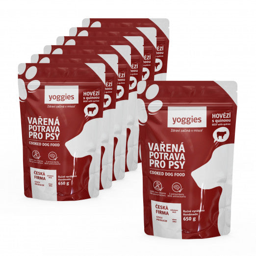 6+1 zdarma (7x650g) Yoggies Vařená potrava pro psy – hovězí maso s quinoou a kloubní výživou