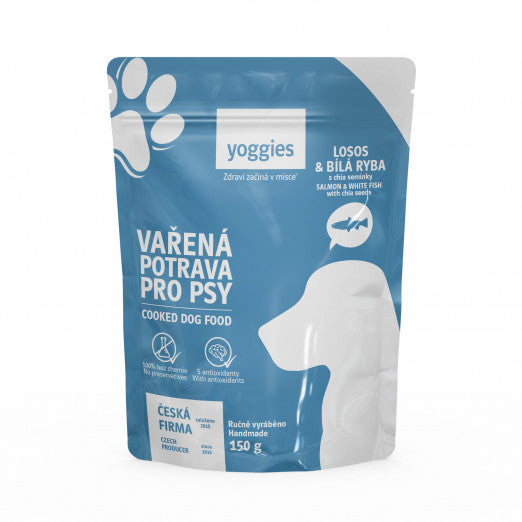 150g Yoggies Vařená potrava pro psy – losos a bílá ryba s chia semínky a kloubní výživou