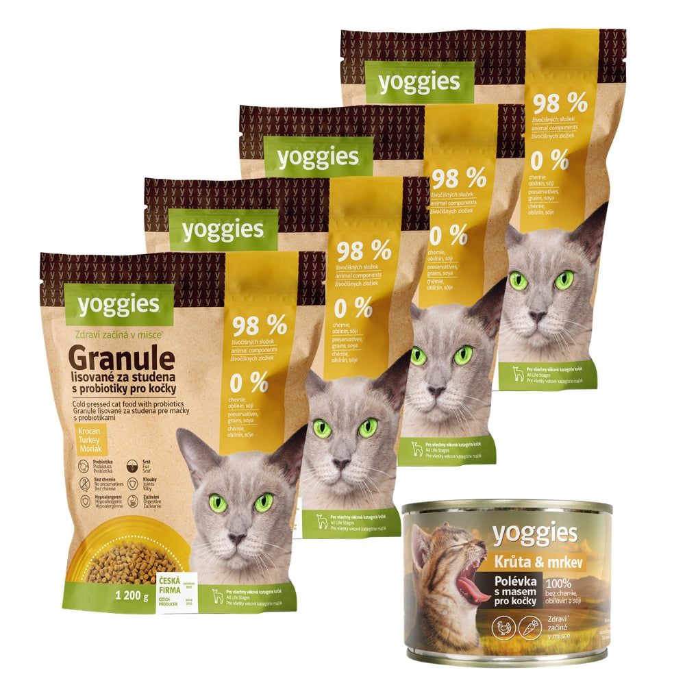 4,8 kg Yoggies  Granule pro kočky s krocaním masem, lisované za studena s probiotiky + DÁREK