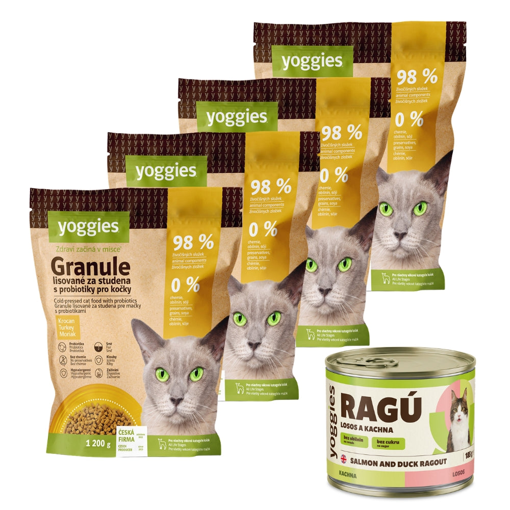 4,8 kg Yoggies  Granule pro kočky s krocaním masem, lisované za studena s probiotiky + DÁREK