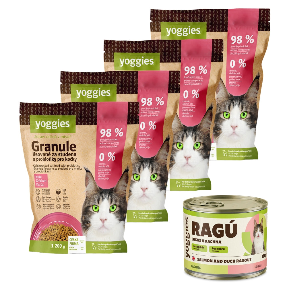 4,8 kg Yoggies Granule pro kočky s kuřecím masem lisované za studena s probiotiky + DÁREK ZDARMA