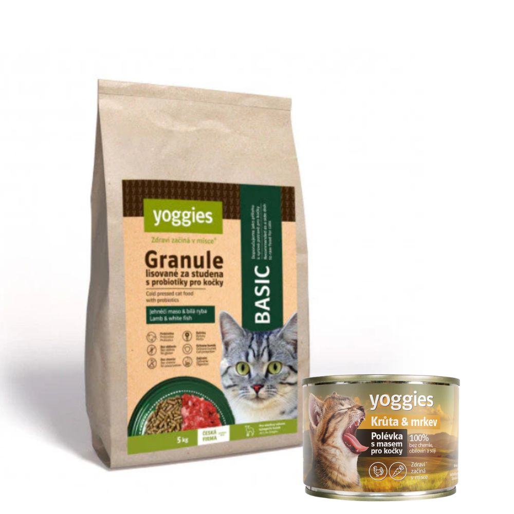 5 kg Yoggies Cat "Basic" granule pro kočky lisované za studena s probiotiky + DÁREK