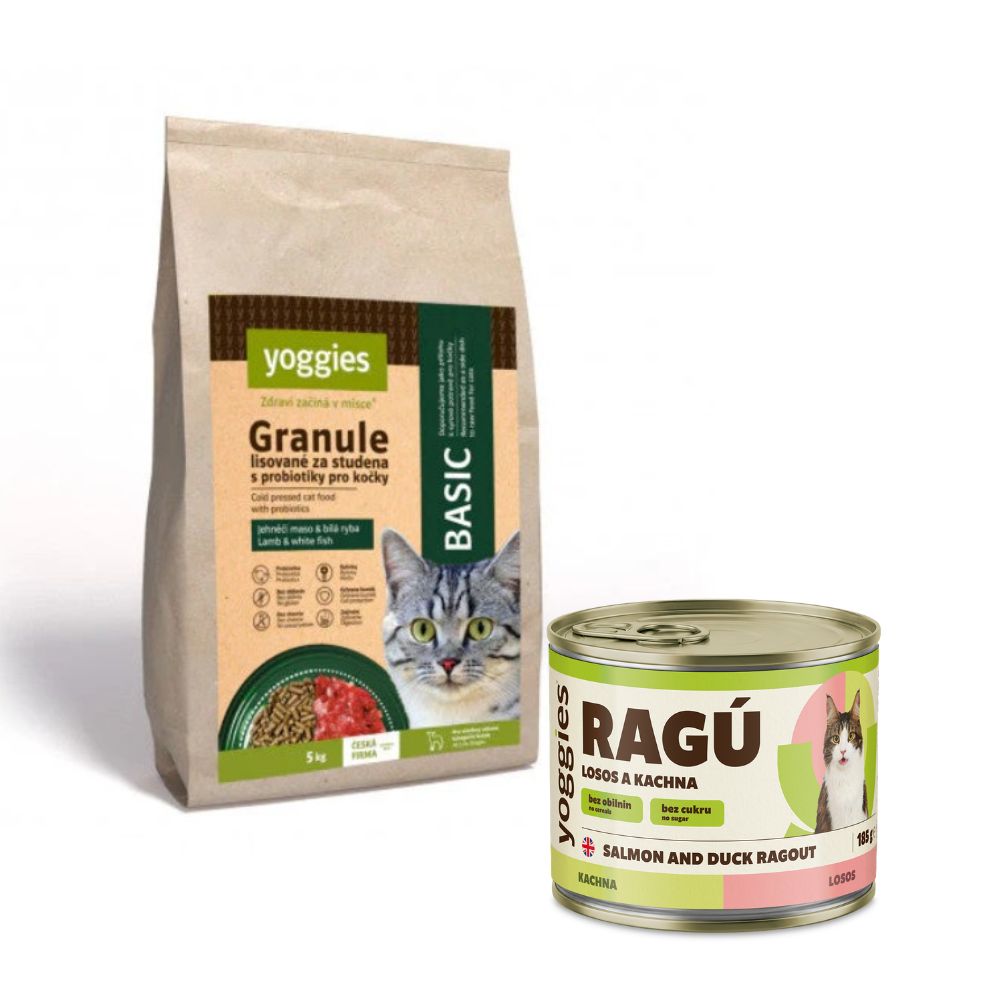 5 kg Yoggies Cat "Basic" granule pro kočky lisované za studena s probiotiky + DÁREK