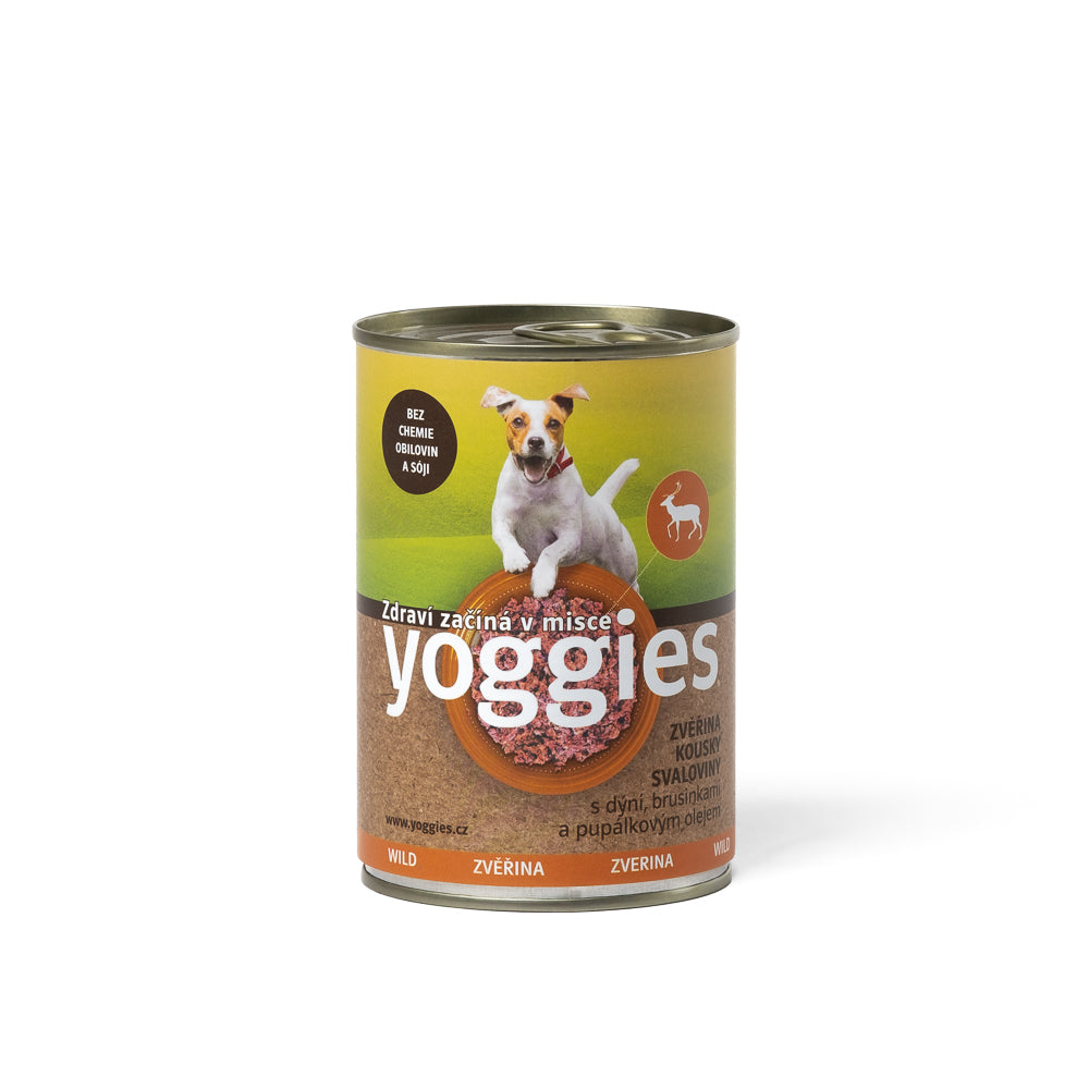 400g Yoggies zvěřinová konzerva pro psy s dýní a pupálkovým olejem.