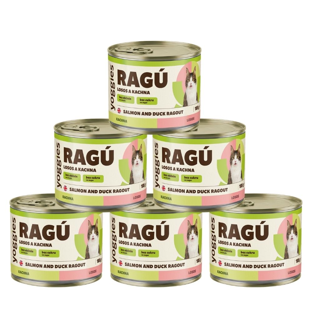 Yoggies RAGÚ pro kočky, losos a kachna 6 x 185 g - zvýhodněné balení
