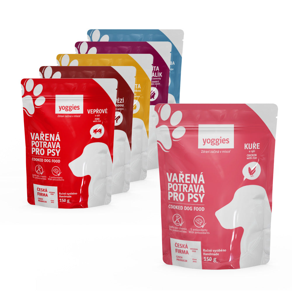 Degustační menu 5+1 zdarma (6x150 g) Yoggies Vařená potrava pro psy