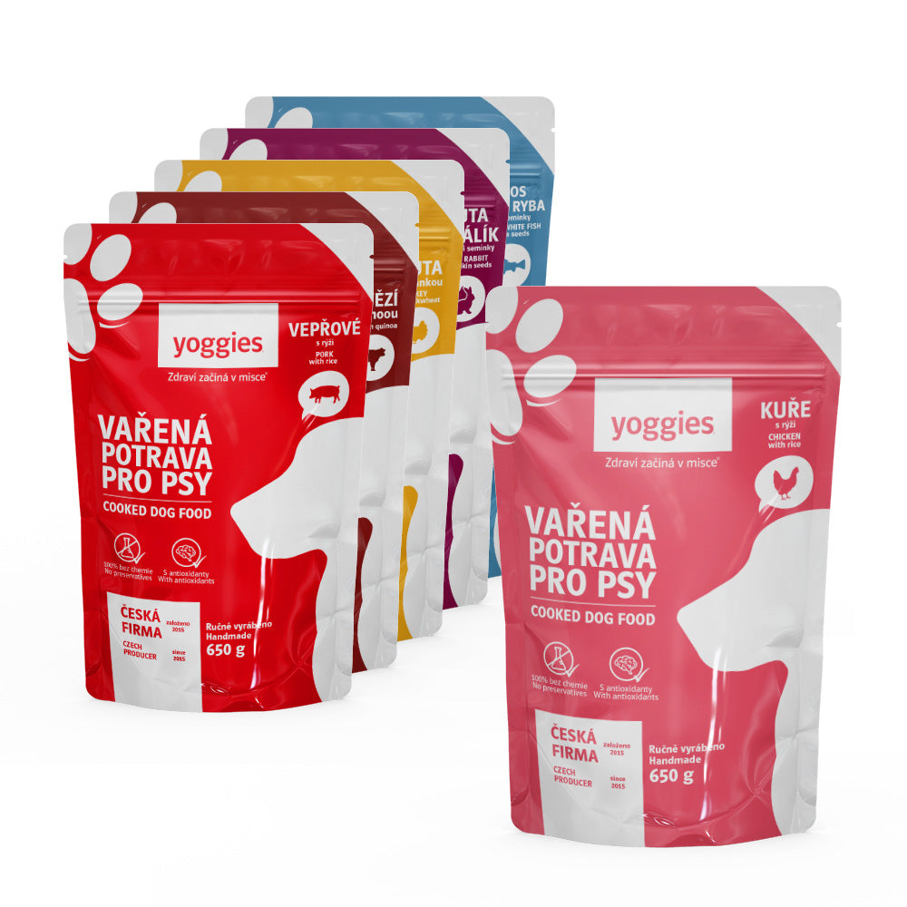 Degustační menu 5+1 zdarma (6x650 g) Yoggies Vařená potrava pro psy