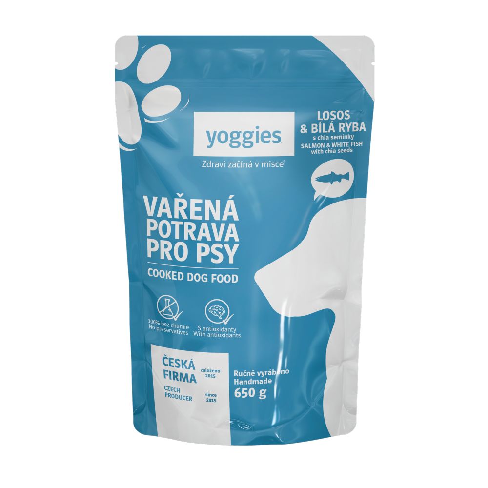 650 g Yoggies Vařená potrava pro psy – losos a bílá ryba s chia semínky
